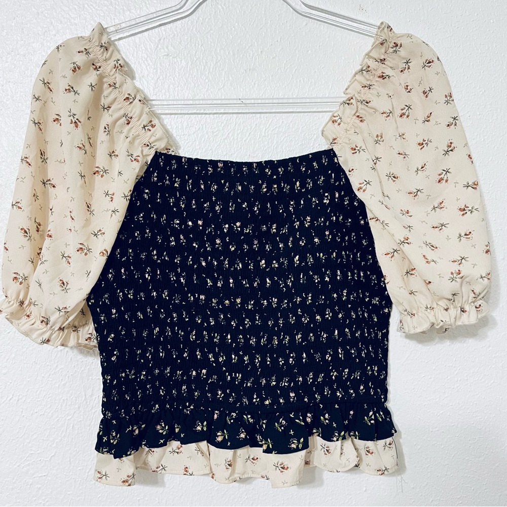 English Factory Cream and Black Blouse Elegant Top Prairie Boho Artsy Cottage